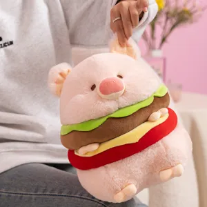 Cute pink burger pig plush toy doll pillow, soft stuffed animal for girls gift and home decor.