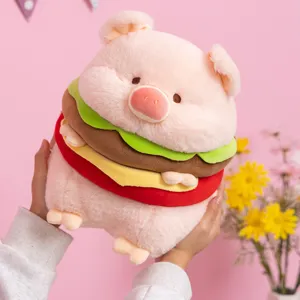 Cute pink burger pig plush toy doll, soft stuffed animal pillow for girls and gift giving.