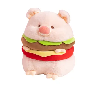 Cute burger pig plush toy, soft fluffy pink pig doll pillow for girls and cute gifts.