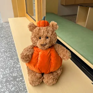 Orsetto di peluche che indossa un costume da zucca arancione, morbida bambola regalo autunnale.