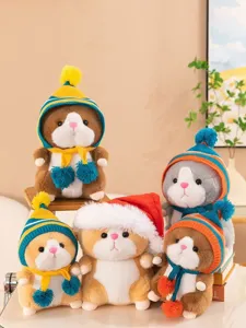 Cute hamster plush toy with knitted hat and scarf, soft stuffed animal doll for gifts.