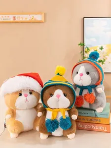 Cute hamster plush toy set with winter knitted hats and scarf, soft stuffed animal doll.
