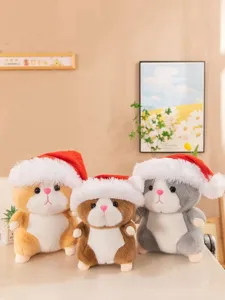 Cute plush hamster toys wearing Christmas hats, soft stuffed animal dolls for holiday gifts.