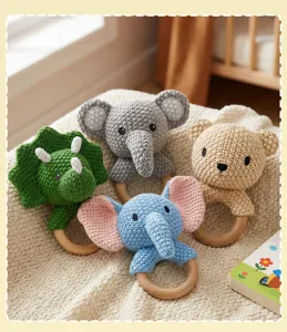 Handgefertigtes Häkel-Tier-Babyrassel-Set mit Holzring, süßes Babyspielzeug für Neugeborene.