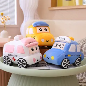 Cute cartoon plush car toys set, soft stuffed ambulance taxi police vehicles, kids gift.