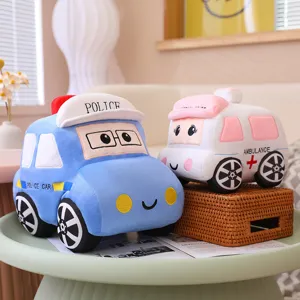Cute cartoon plush toy police car and ambulance set, soft stuffed doll gift for kids boys girls.