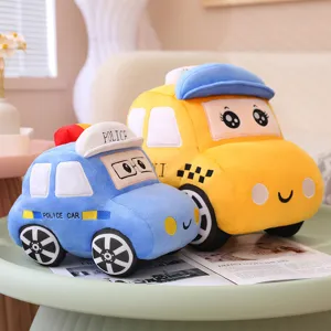 Detailed view of cute cartoon plush car toys, featuring soft police car and taxi designs.