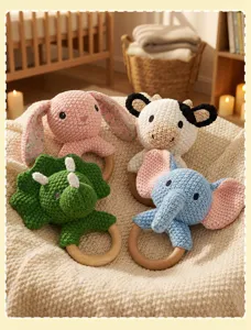 Handgemachte Häkel Tier Baby Rasselei Set mit Holzring Sensorisches Spielzeug Detail