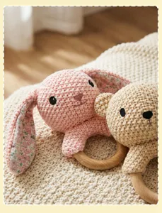Nahaufnahme von handgehäkelten Baby-Tiersrasseln mit Holz-Beißring auf weicher Decke.