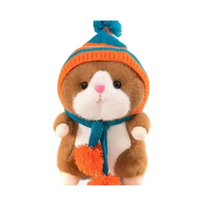 Cute golden hamster plush toy with knitted hat and scarf, soft ragdoll for kids gift.