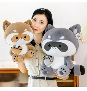 Cute plush raccoon toy detail showing soft furry texture and lovely heart pillow decoration.