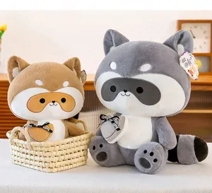 Cute raccoon plush toys set with heart pillows, sitting in a woven basket, soft stuffed doll details.