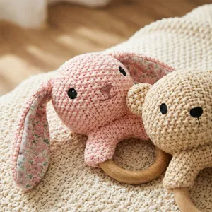 Handgemachte Häkel-Baby-Holzring-Rassel, süße Hasen und Bären Lernspielzeuge für Babys.