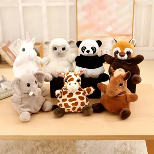 Schattige pluche dierenzak speelset met een eenhoorn, schaap, panda en olifant voor kinderen.
