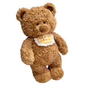Cute brown plush teddy bear toy with yellow checkered bib, soft soothing doll for kids gift.