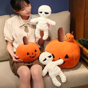 Halloween plush toy set featuring cute pumpkin and mummy dolls, perfect for festive home decor.
