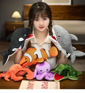 Cute ocean animal plush hand puppets set, soft stuffed shark whale crab toys for kids interaction.
