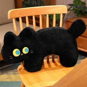 Lindo cojín de felpa de gato negro, suave muñeco de peluche para decoración de sofá y regalo.