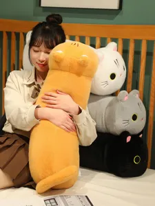 Cute long cat plush pillow soft stuffed animal toy sleeping companion for kids and home decor.