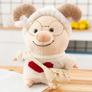 Adorable plush pig doll wearing a cozy knitted sweater, round metal glasses, and a cute bag.