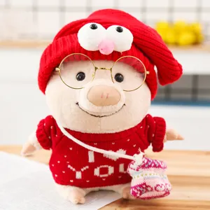 Cute plush pig doll toy wearing red sweater and glasses soft stuffed animal gift