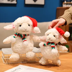 Christmas sheep plush toy with red hat and scarf, cute lamb stuffed animal for kids and gifts.