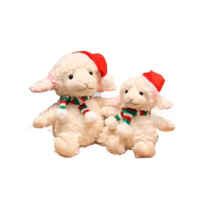 Christmas plush sheep toy with red hat and scarf, cute stuffed animal doll for kids gift.