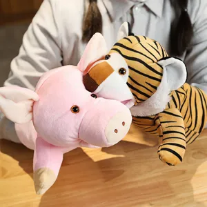 Plush animal hand puppets detail view, interactive storytelling toys with movable mouths for kids.