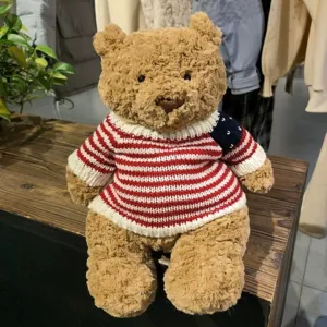 Süßer brauner Plüschteddybär mit rot-weiß gestreifter Strickpullover Puppen Spielzeug