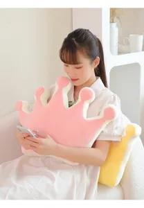 Pink crown plush pillow detail showing soft fabric texture, cute princess style home decor cushion.