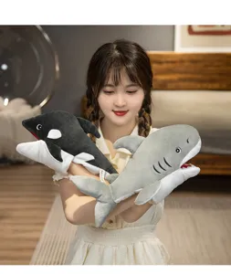 Marine shark and killer whale plush hand puppets, interactive glove toys for kids performance.