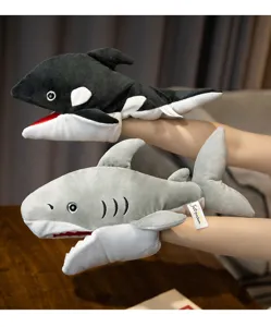Plush shark and orca hand puppets detailed view, soft interactive toys for kids and storytelling.