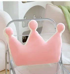 Soft pink crown plush pillow, cute princess style cushion and waist support for home chair.