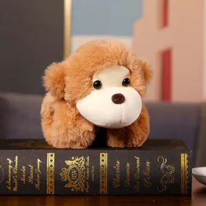 Close-up detail of cute brown plush toy with soft fur and beige face on decorative book.
