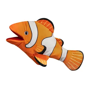 Cute clownfish plush hand puppet for kids interactive play, soft fabric toy for storytelling.