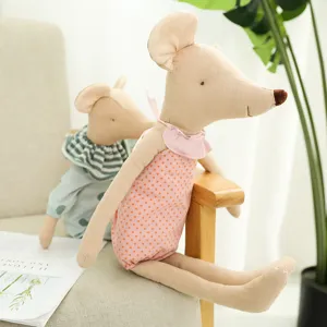 Handmade linen mouse plush doll with cute polka dot romper, detailed fabric toy gift for kids.