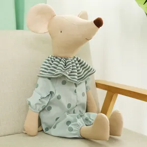 Cute polka dot plush mouse doll with striped collar, soft fabric toy gift for kids.