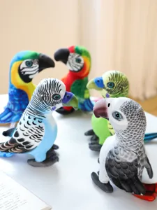 Detailed shot of cute realistic plush parrot toys in multi-colors, soft stuffed animal gift.