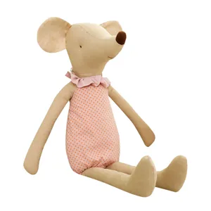 Cute plush mouse toy with polka dot romper and ruff collar, soft fabric doll for kids gifts.