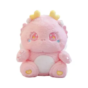 Cute pink dinosaur plush toy doll with yellow heart horns and sweet embroidered eyes.