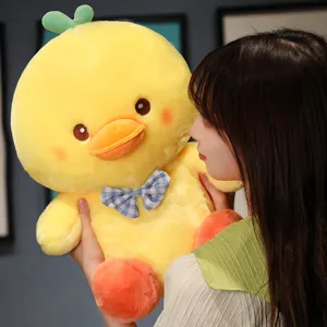 Cute yellow duck plush toy with blue plaid bow tie soft stuffed doll gift for kids