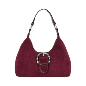 Bolso de hombro de ante burdeos para mujer, bolso hobo vintage con hebilla plateada.