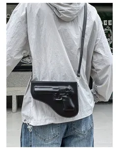 Elegante bolso bandolera negro con forma de pistola para hombres y mujeres bolso PU.