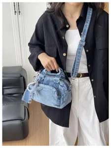 Denim Boston bag detail, shoulder crossbody bag with cute star pearl charm, daily fashion style