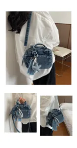 Denim boston bag for women, stylish shoulder crossbody handbag with cute star and pearl charms.