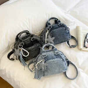 Denim Boston bag women stylish shoulder crossbody handbag with star pendant and pearls.
