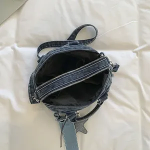 Denim boston bag top view, stylish casual shoulder handbag for women daily commute