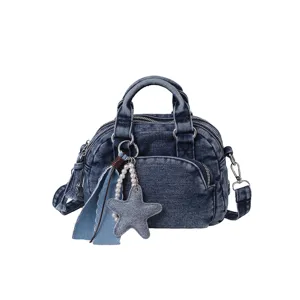Denim Boston Bag Casual Crossbody Handbag with Pearl Star Charm Trendy Shoulder Bag