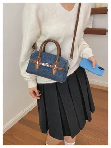 Denim crossbody shoulder bag for women, stylish casual mini handbag with top handle and strap.