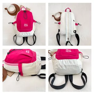 Detail view of the colorblock outdoor backpack showing front, back and side compartments.